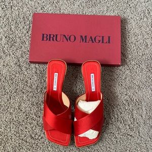 Bruno Magli Red Satin Leather Square Toe Heeled Sandals
